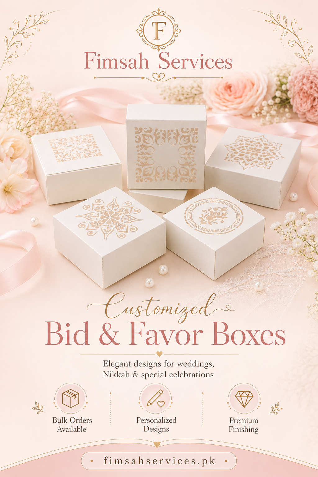 Customized bid and favor boxes with bulk-order pricing and personalized designs by Fimsah Services