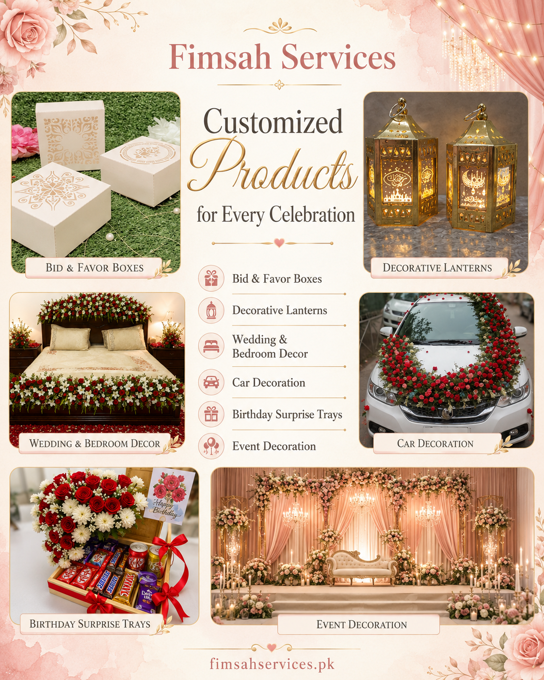 Customized bid boxes, decorative lanterns, wedding bedroom décor, car decoration, birthday gift trays and event decoration by Fimsah Services